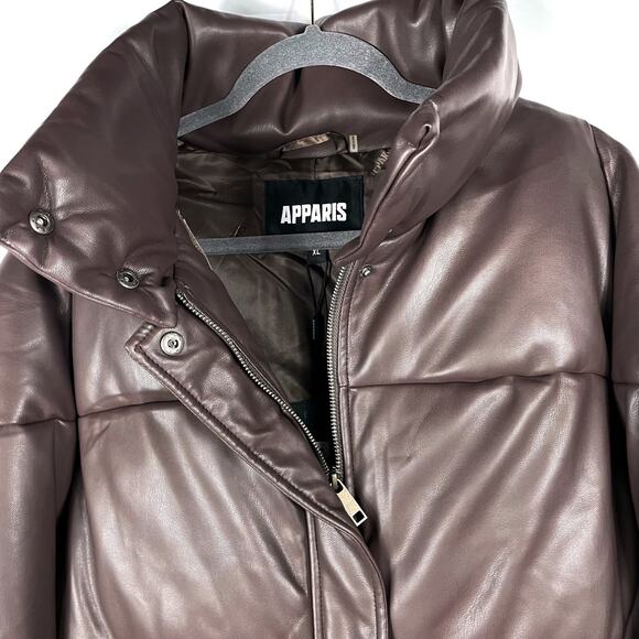 Apparis Jemma Puffer Jacket Cocoa Faux Leather Full Zip Funnel Neck Sz XL - Picture 11 of 16